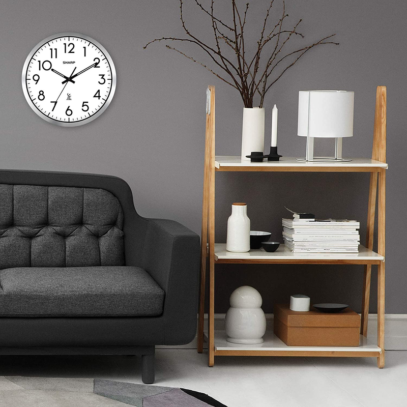 Atomic Analog Wall Clock - 12" Silver Brushed Finish Sets Automatically- Battery