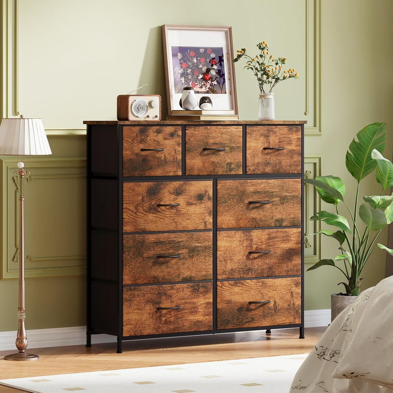 Dresser for Bedroom with 9 Drawers,Chest of Drawers with Wooden Top,Tall Fabric