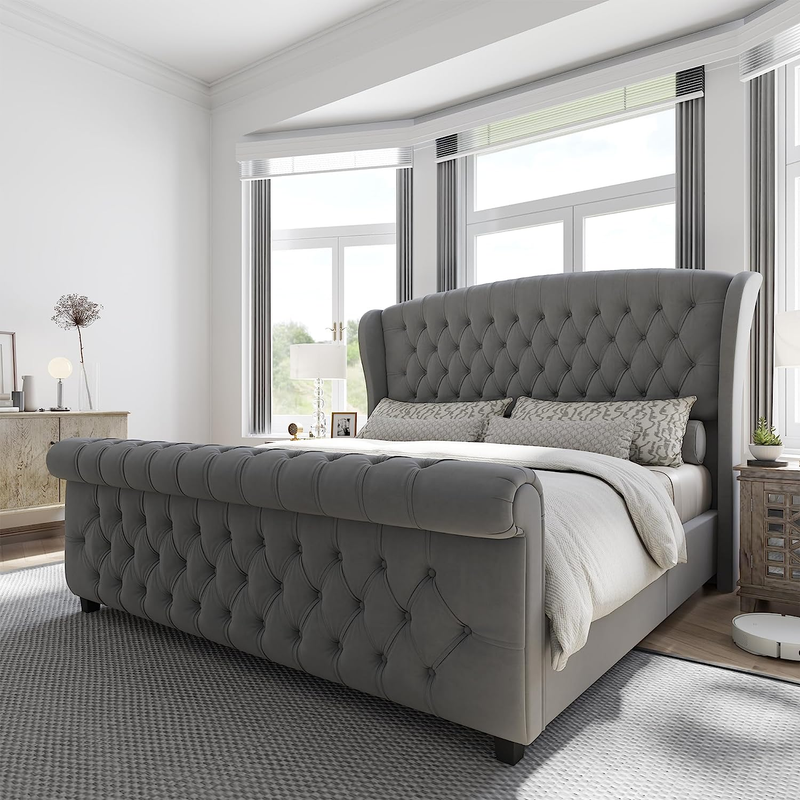 King Size Platform Bed Frame, Velvet Upholstered Sleigh Bed with Scroll Wingback