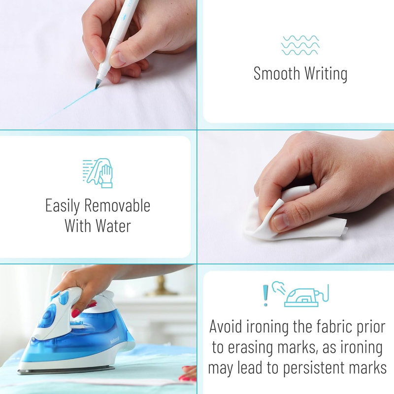 Fabric Markers for Sewing, 5 Pack, Blue, Erasable, Water Soluble Fabric Marker