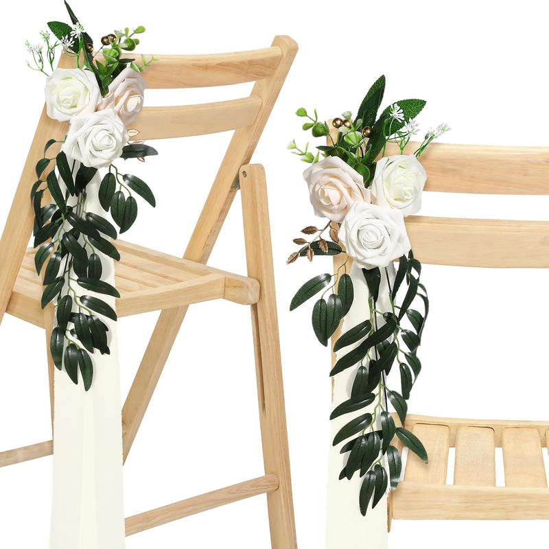 16 Pcs Wedding Aisle Decorations for Wedding Ceremony Pew Artificial Flowers Rose for Church Chair Back Floral with Eucalyptus Leaves and Ribbons Ceremony Party Decor(White)