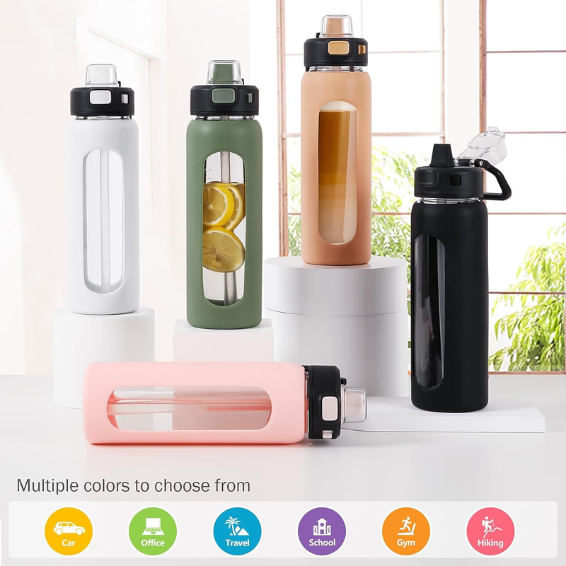 Water Bottle with Straw and Carry Handle, Glass Water Bottle 24 Oz Leak Proof Lo