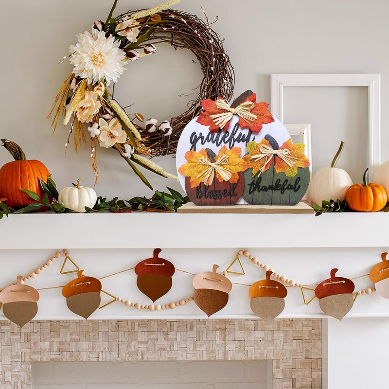 Wooden Fall Pumpkin Table Decorations - Thankful, Grateful, Blessed Tabletop Sig