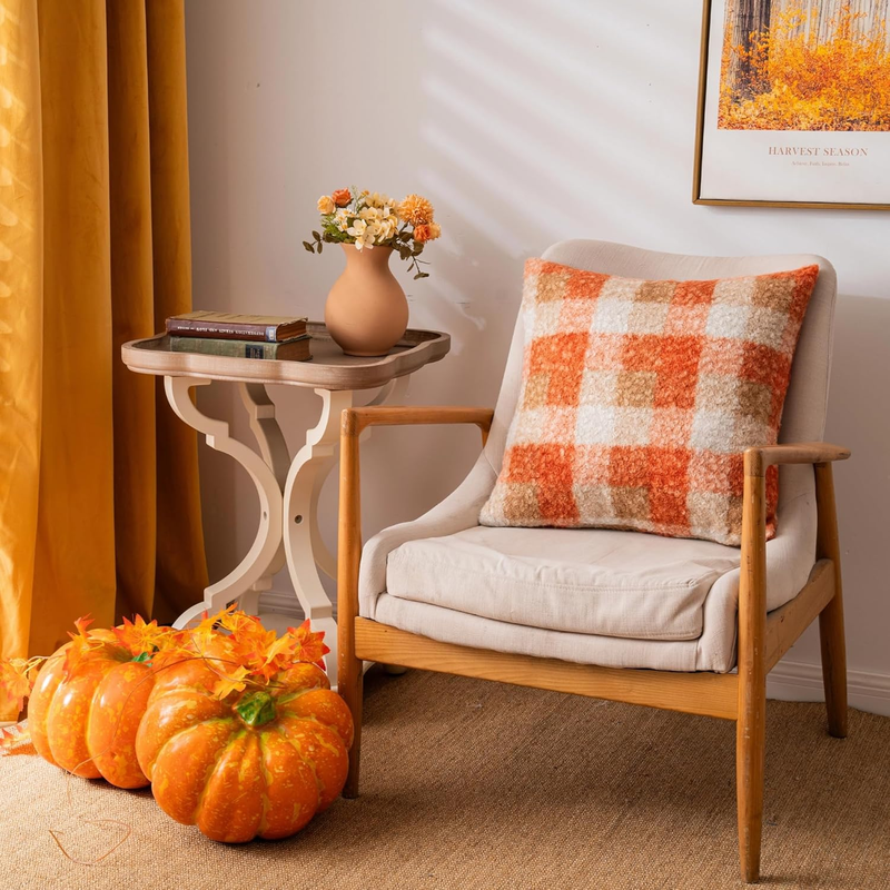 Orange Plaid Fall Throw Pillow Covers 18x18 Inch Set of 2, Boucle Decorative Pil