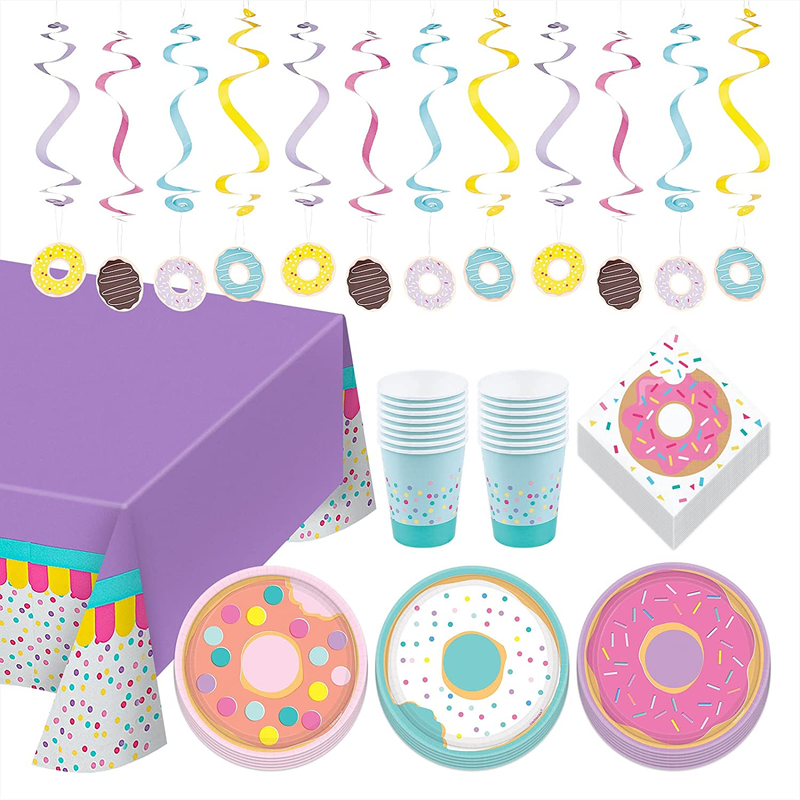 Donut Party Sprinkles Paper Dessert Plates, Napkins, Cups, Table Cover, and Hang