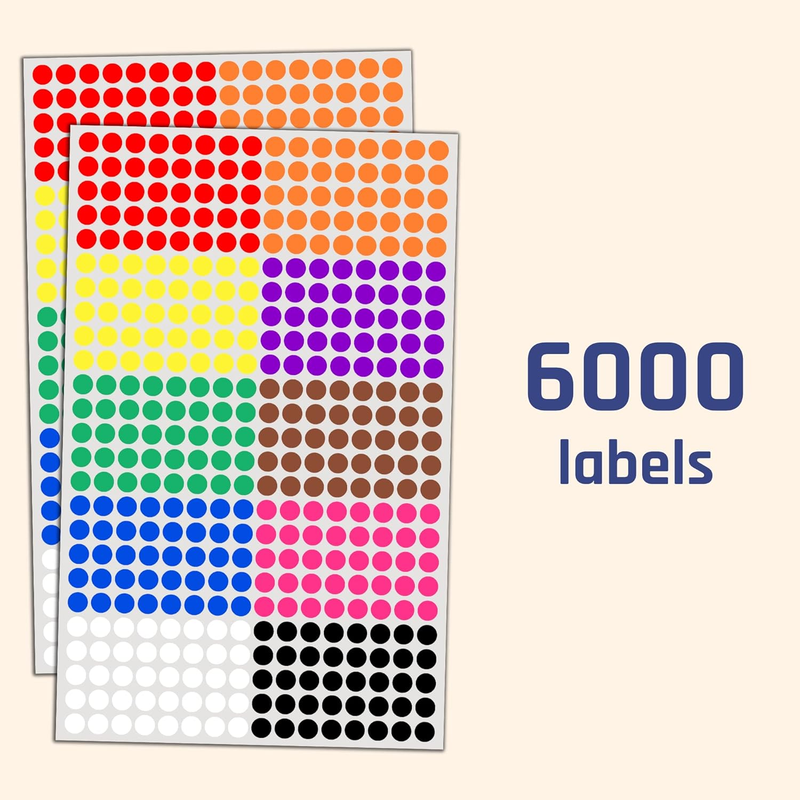 6000 Pack, 1/4" Small Colored Dot Stickers round Labels - 10 Colors