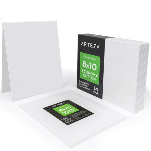 Arteza 8x10” White Blank Canvas Panels Boards, Bulk Pack of 14, Primed, 100% for