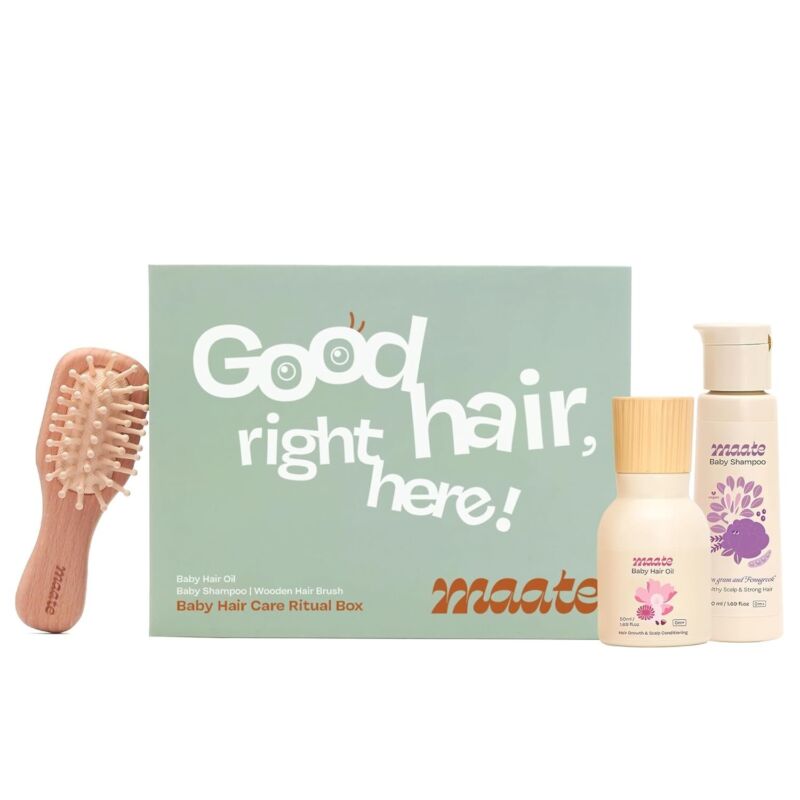 Maate Baby Hair Care Ritual Gift Box | Baby Hair Oil, Shampoo, Wooden Hair Brush