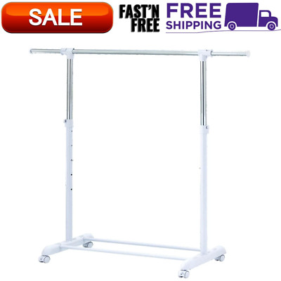 Adjustable Rolling Garment Rack Metal Chrome, White, 47.64W x 17.32D x 64.17H