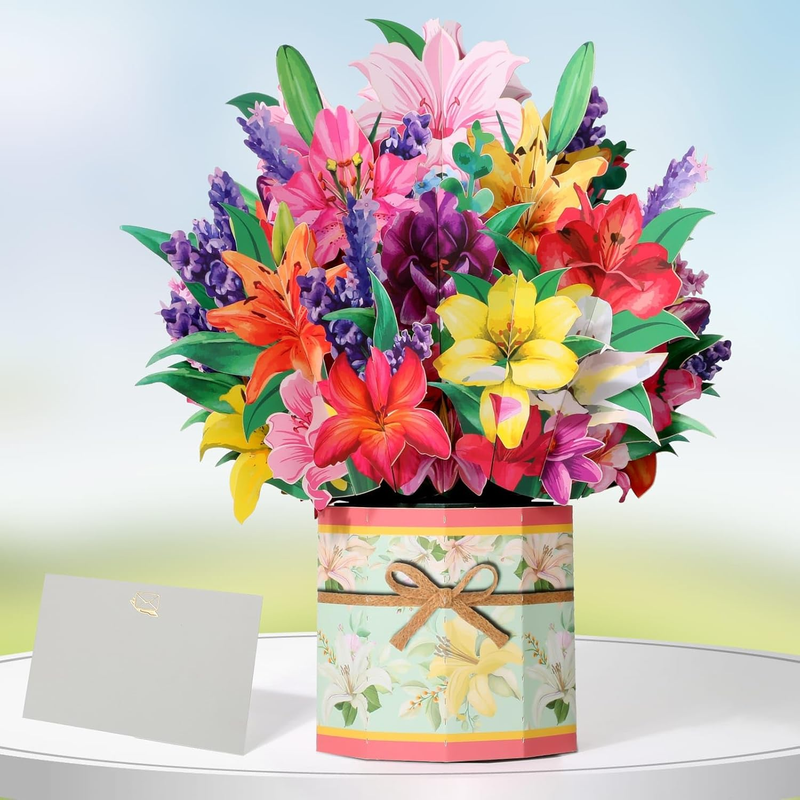 Paper Flower Pop up Cards, Lilies Flower Bouquet Card Popup 3D Greeting Cards fo