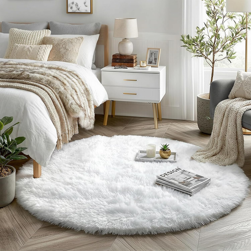 Amdrebio White Fluffy round Rug 4Ft for Bedroom Living Room Kids Nursery