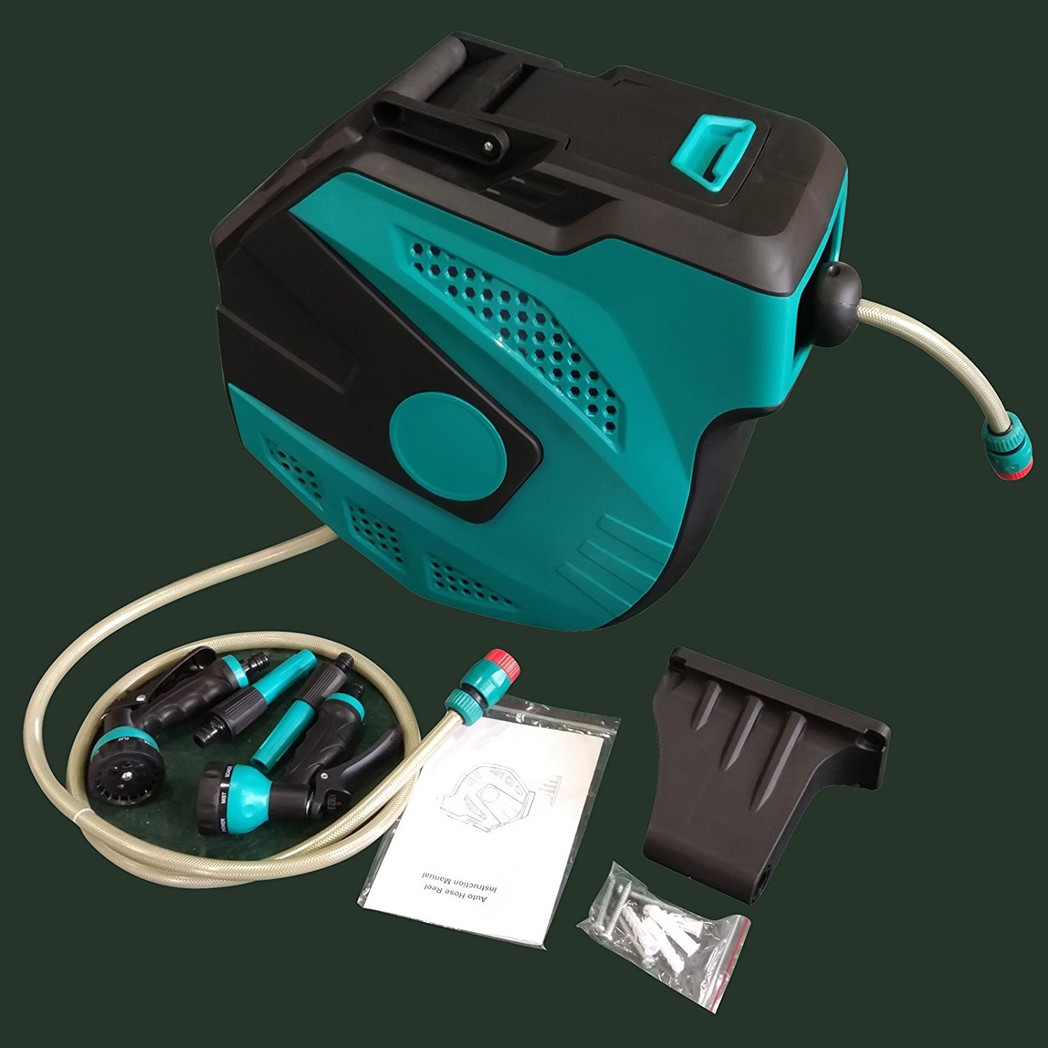 100' Retractable Water Hose Reel Auto Rewind Wall Mount Garden Tool 2 Spray Gun