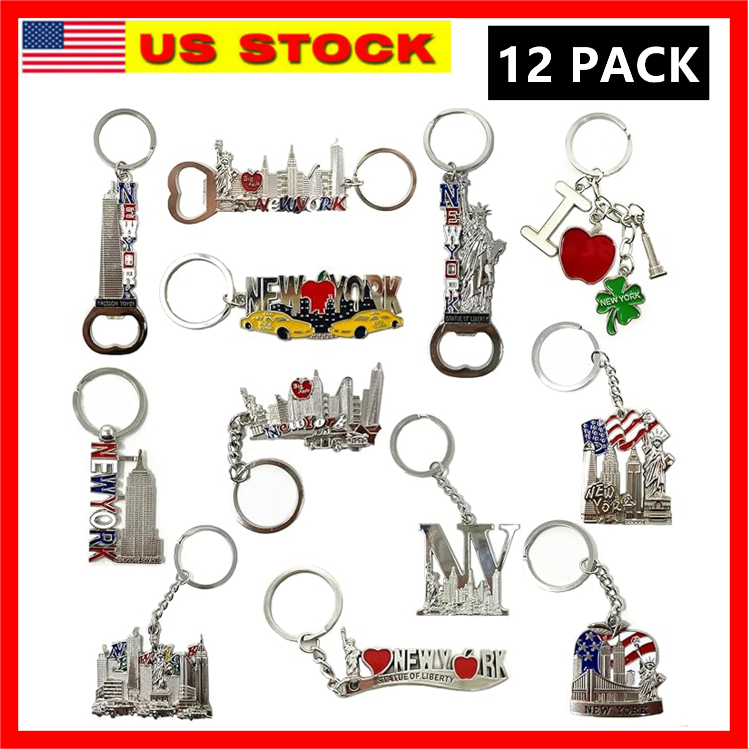 12 Pack New York City Silver Metal Keychains NYC KeyRing