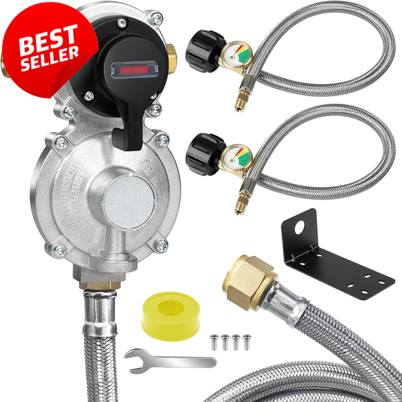 2-Stage LP Propane Regulator Auto Changeover RV Hose Kit Gauge 18in 48in - US