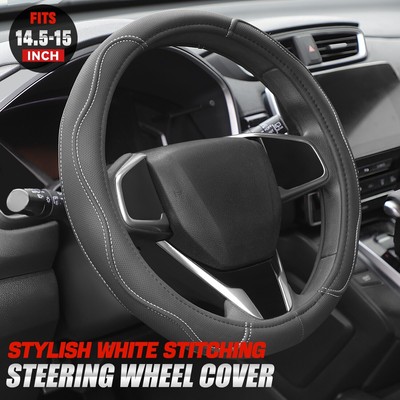 Волнистая двойная строчка на черной крышке рулевого колеса из синтетической кожи 14.5-15