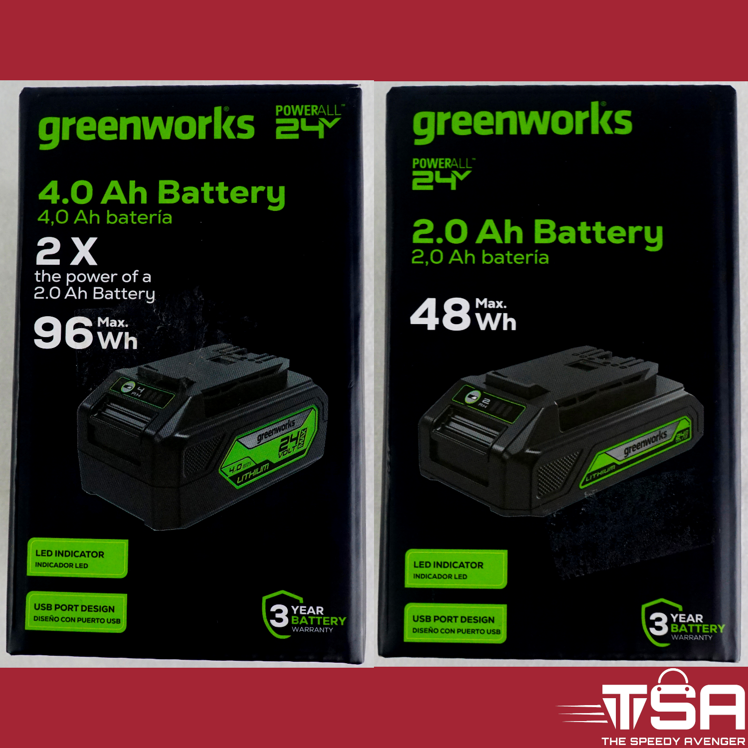 2pk Greenworks POWERALL 24V 4.0Ah + 2.0Ah Lithium-Ion Power Tool Batteries