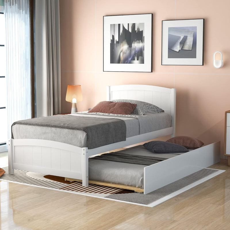 Twin Platform Bed with Trundle, Minimalistic Stylish Wood Bed Frame, Easy to Ins