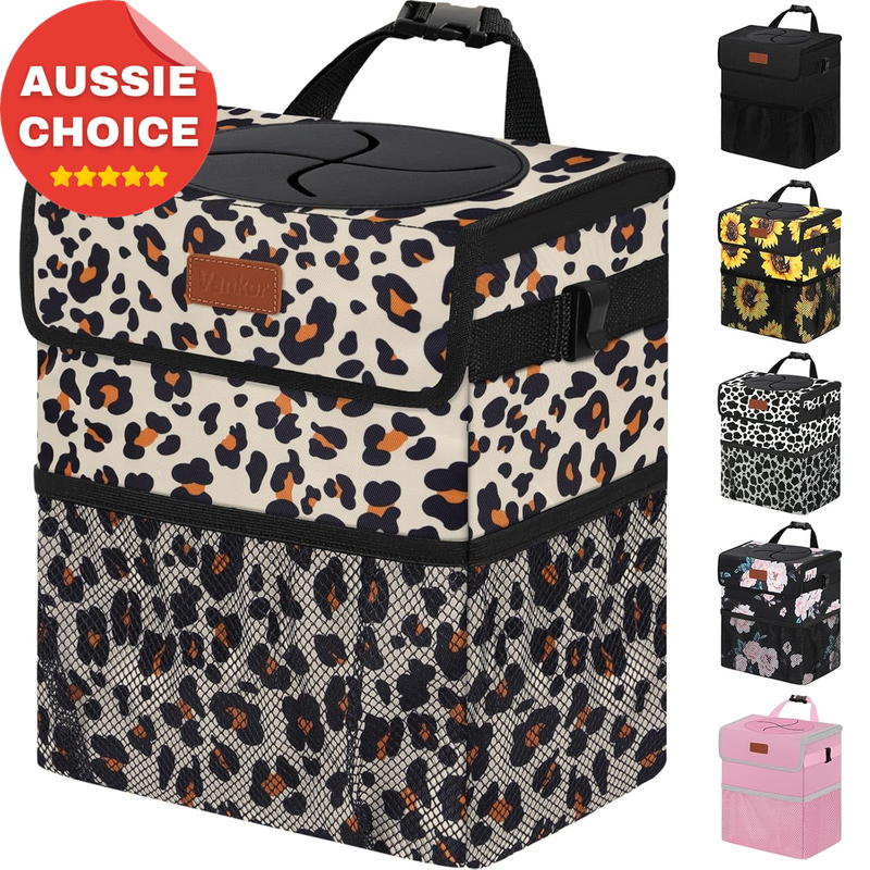 Cute Car Trash Can Leopard Pattern 2.2 Gallon Hanging Automotive Garbage Bag