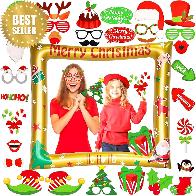 1 PC Christmas Inflatable Photo Frame with 32 Pieces Photo Booth Props, Fun Part