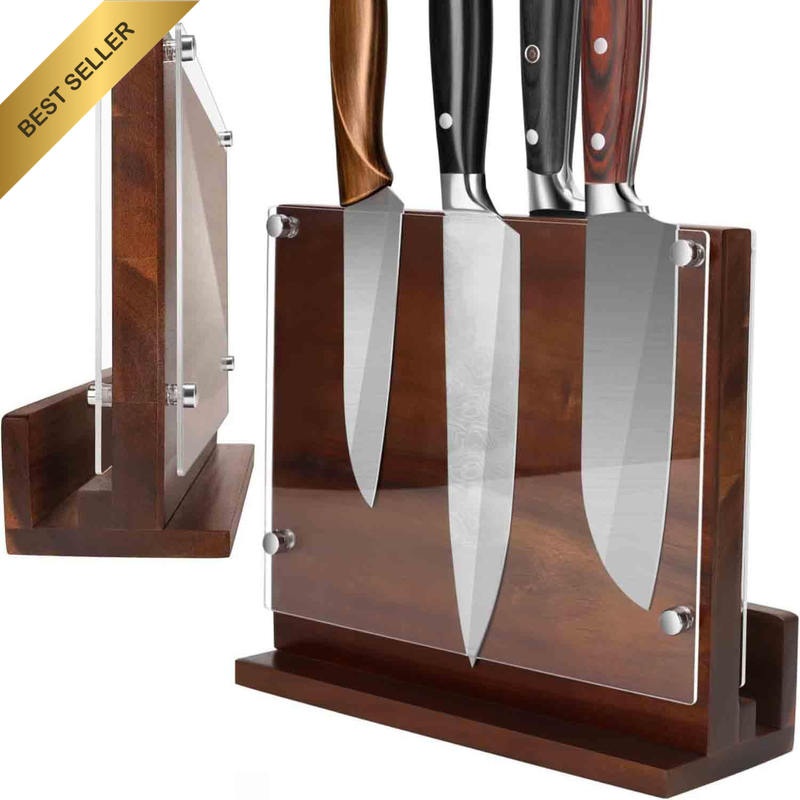 Magnetic Knife Block w/ Acrylic Shield 10X9 Inches Double Side Rubber Wood Stora