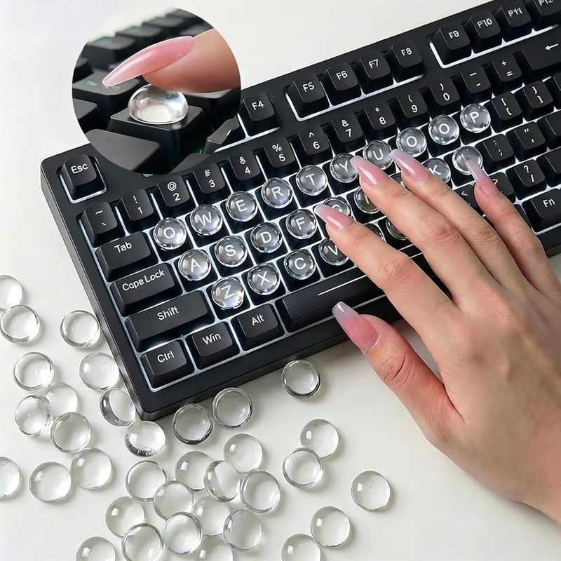 128Pcs Keyboard Bubbles for Long Nails, Clear Raised Glass Key Covers, No-Residu
