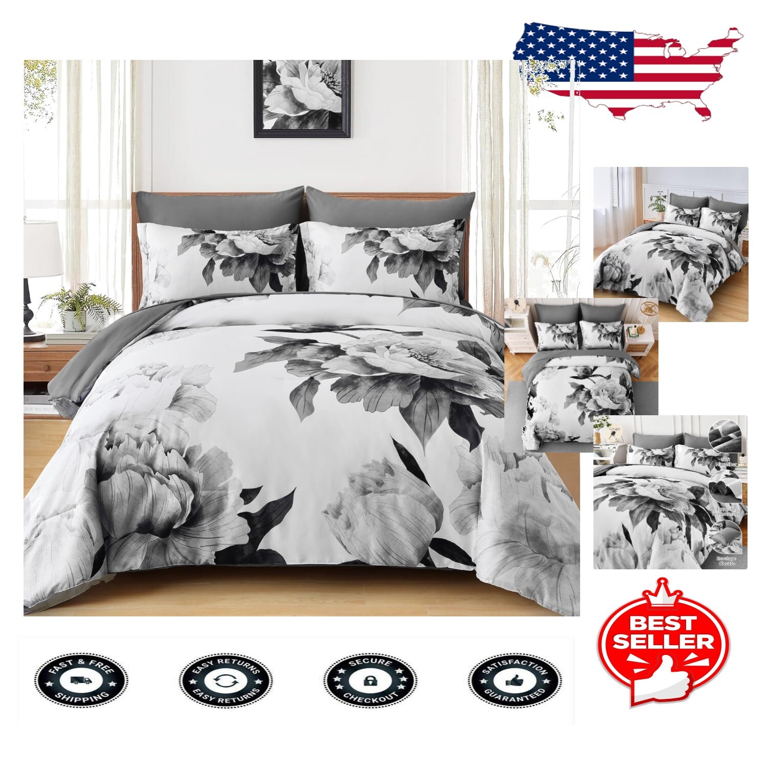 Chic Grey Floral Bedding Set - 7-Piece Full Comforter Set