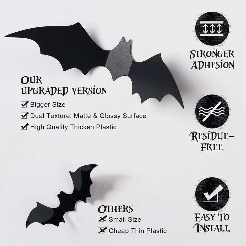 Halloween 3D Bats Decoration 60pcs, 4 Different Sizes PVC Scary Black Bat Sticke