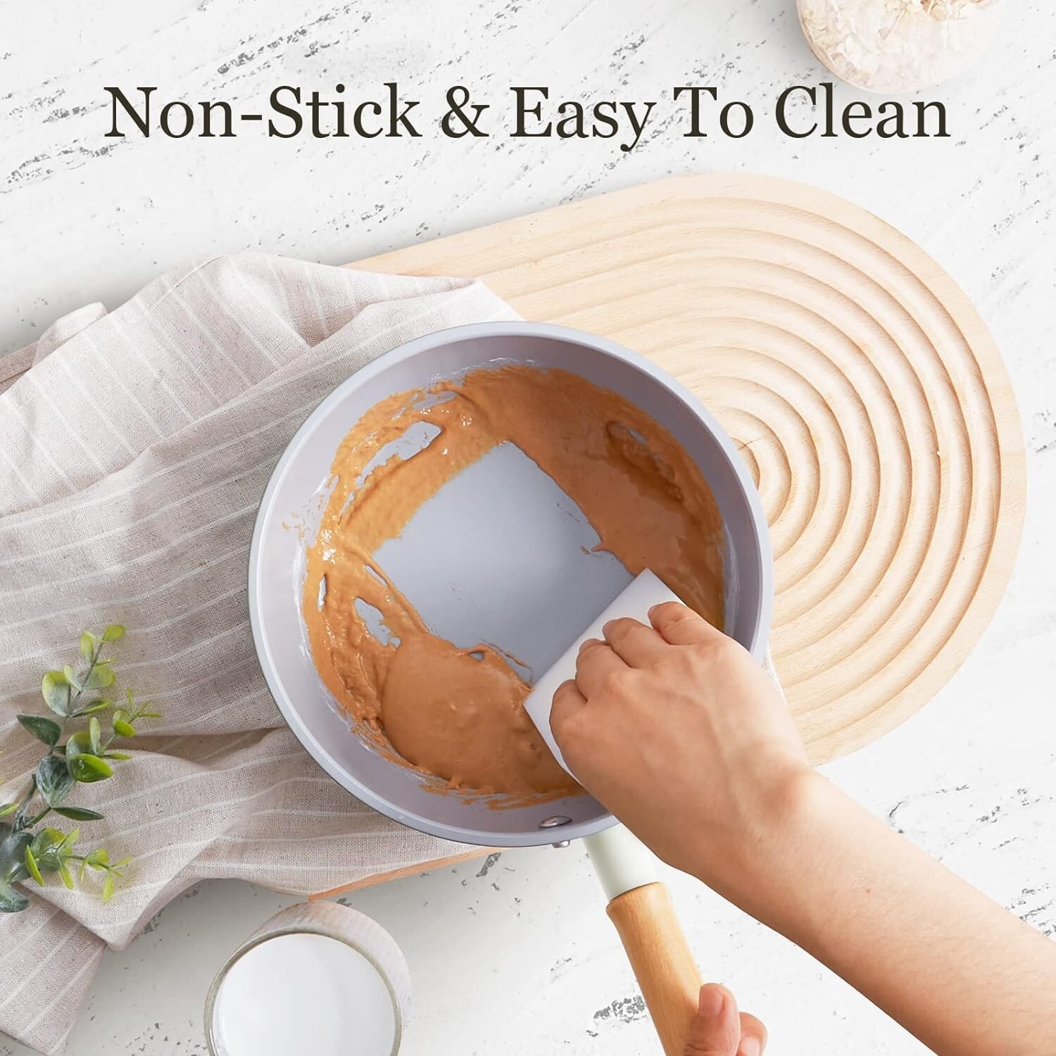 Ceramic Nonstick Sauce Pan, 3 QT Pot with Steamer, Wooden Handle, Universal Base