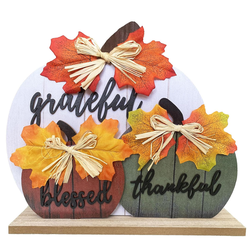 Wooden Fall Pumpkin Table Decorations - Thankful, Grateful, Blessed Tabletop Sig