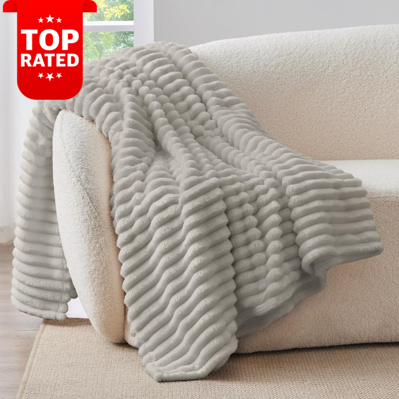 Cozy Plush Throw Blanket 300 GSM Soft Fleece Striped Couch Sofa Gift 229CM Grey