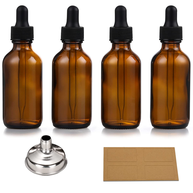 Set of 4, 1 Oz Eye Dropper Bottles with 1 Stainless Steel Funnels & 4 Labels - 3