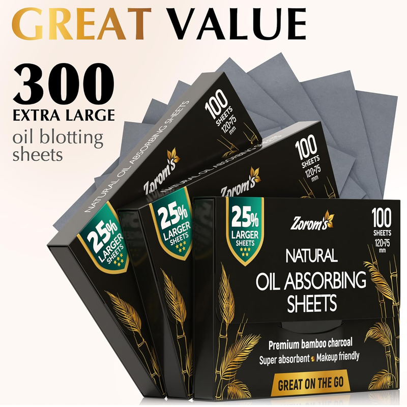 Natural Oil Blotting Sheets for Face with Bamboo Charcoal - 25% Larger - 3Pk/300