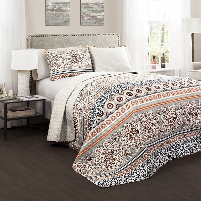 Striped Pattern Reversible 3 Piece Bedding Set - Navy