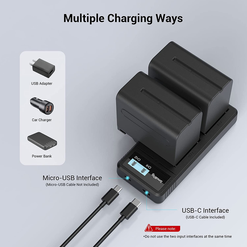 Battery Charger Set for Sony NP-F970 Battery 7800mAh, Double Slot Charger with L