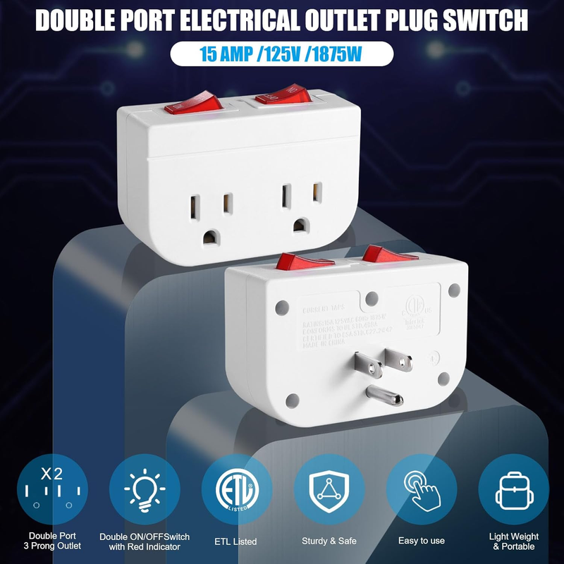 2-Pack Grounded Outlet Plug with Dual On/Off Switch Wall Tap A...