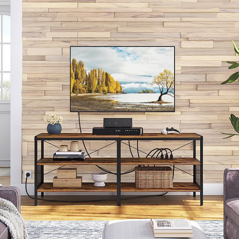 With Power Outlets Shelves (rustic Brown) Industrial Media Console