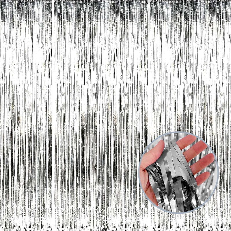 4 Pack Silver Foil Fringe Curtain Backdrop, 3.28Ft X 8.2Ft Metallic Tinsel Foil