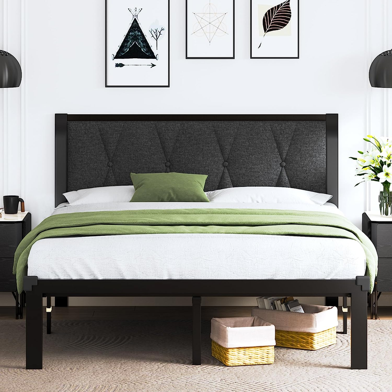 With Fabric Button Tufted Headboard, Platform Bed
