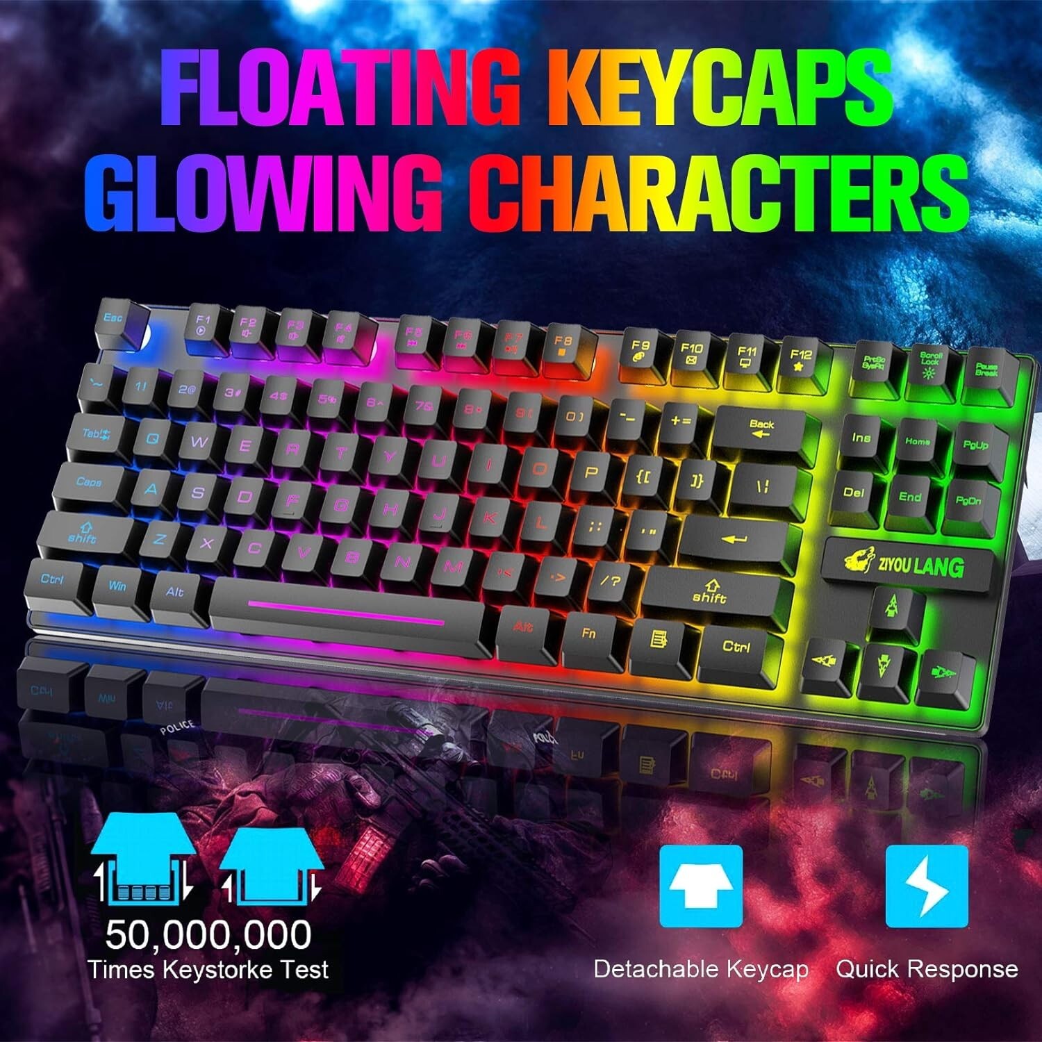 ZIYOU LANG T87 Wireless Gaming Keyboard and Mouse Combo with 87 Key Rainbow LED