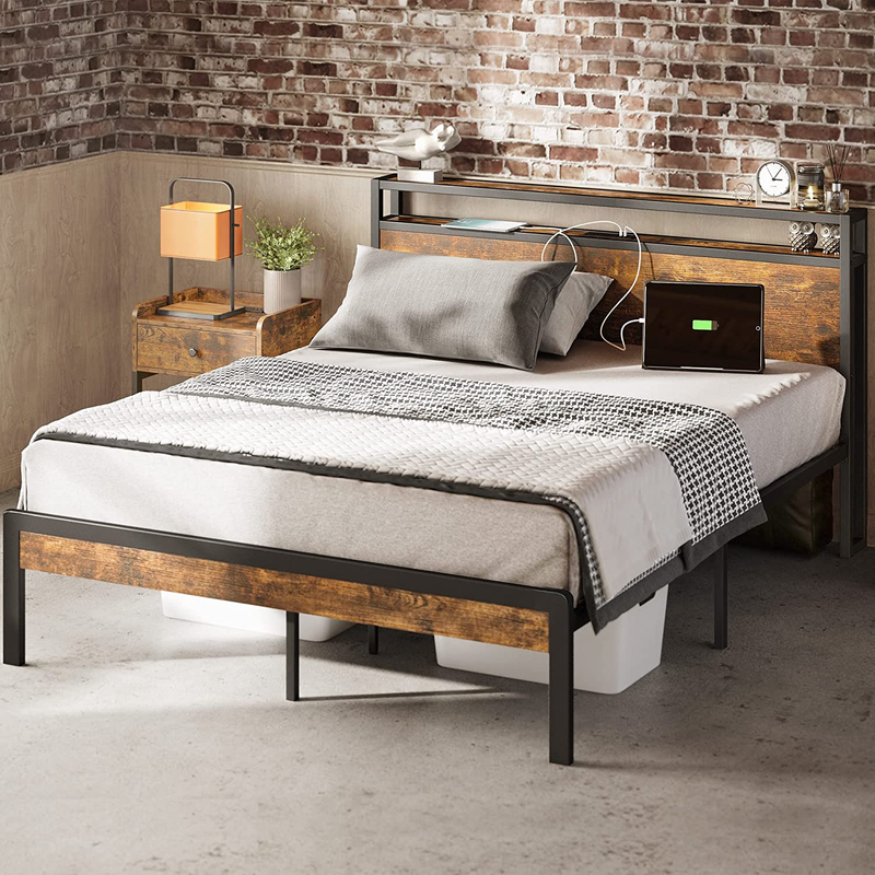 Queen Bed Frame,Platform Bed with 2-Tier Storage Headboard and Power Outlets, US