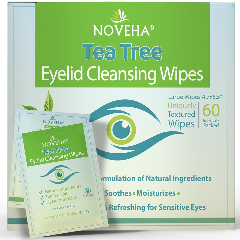 NOVEHA 60Pcs Tea Tree Oil Eyelid & Lash Wipes | with Hyaluronic Acid, Green Tea