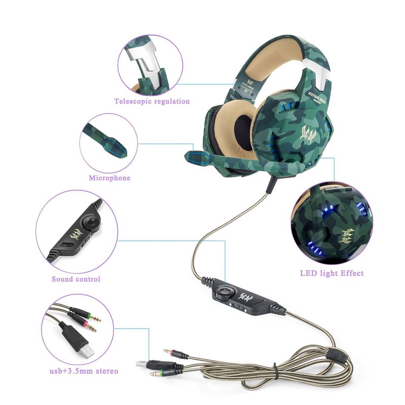G2600 Gaming Headset Over Ear Stereo Headphone Mic Green Camo for PS4 XboxOne PC