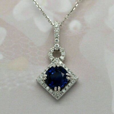 3 CT Round Cut Blue Sapphire And Diamond Pendant Necklace 14K White Gold Finish