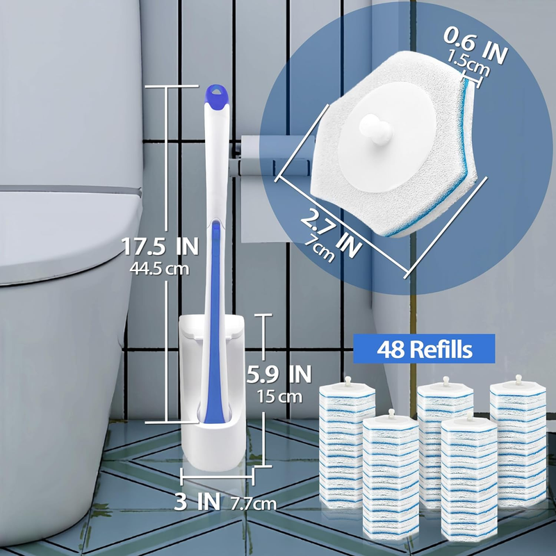 Disposable Toilet Brush with 48PCS Wand Cleaner Refills, Wall Mounted Toilet Bow