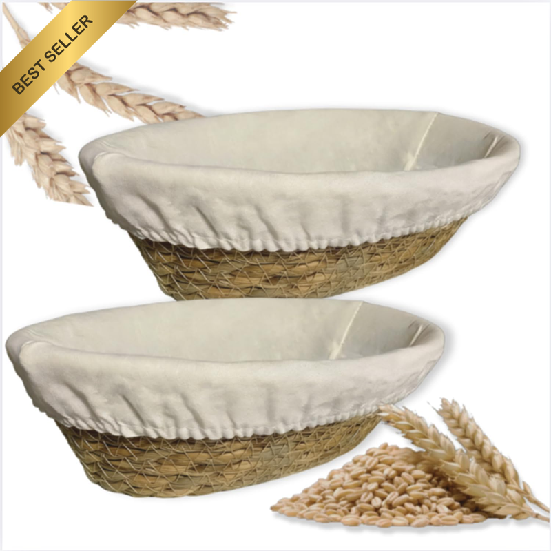 Natural Cattail Bread Proofing Basket 2 Pack 10 Inch Oval Basket with Liner, Bre