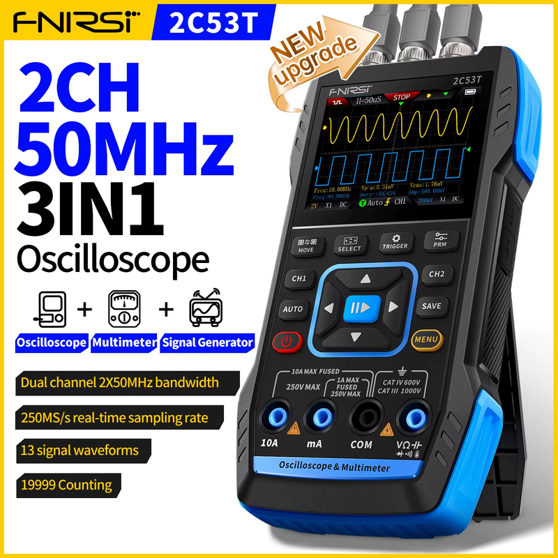 2C53T Multimeter, Digital Oscilloscope, Signal Generator 3-in-1, 50MHz Dual Chan