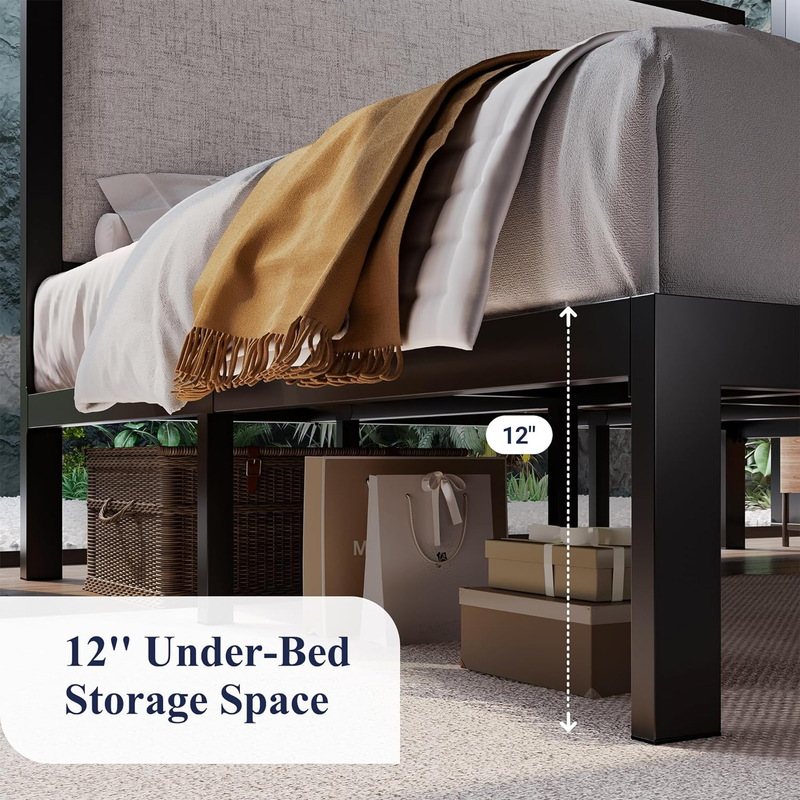 Full Size Bed Frame with 47'' Tall Upholstered Headboard, High Metal Bed Frame w