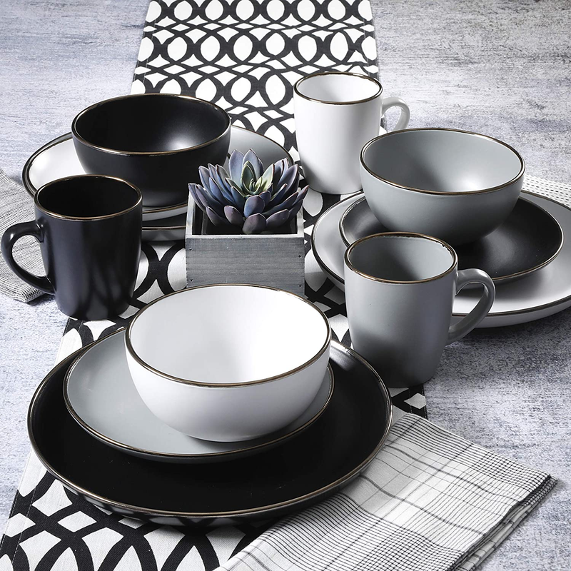 Rockaway Dinnerware, Service for 4 (16Pcs), Grey/Gold Rim