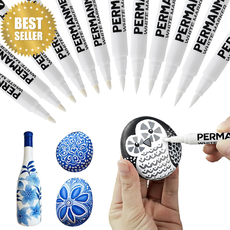 12 White Acrylic Paint Pens, Permanent Markers, Waterproof White Tire Mark, 6 Ha