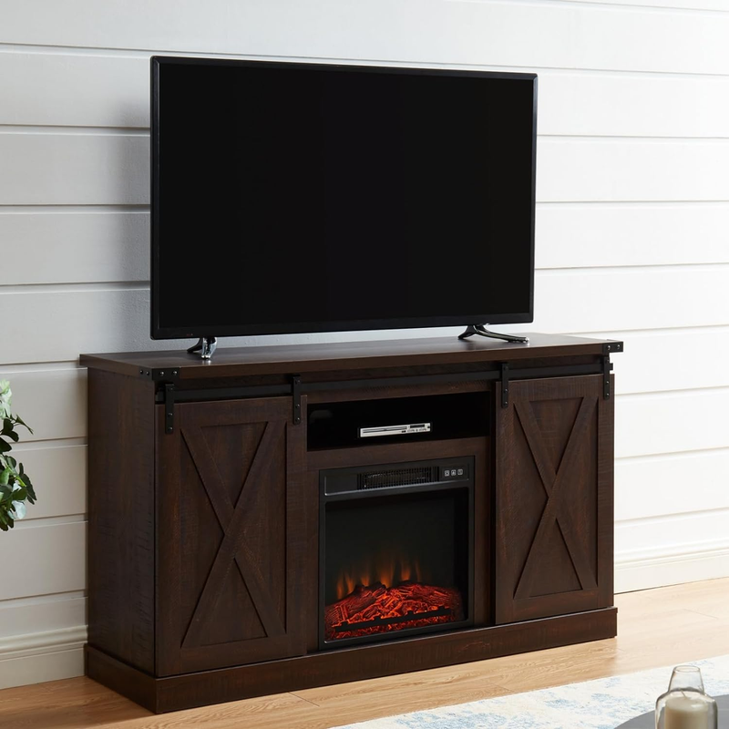 JYED Farmhouse Electric Fireplace TV Stand with Sliding Barn Door for Tvs up to